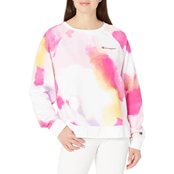 Champion Tops - Champion Women's Campus French Terry Sweatshirt Size Med Tie-Dyed Pink White NEW